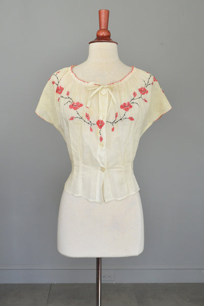 Off White Cotton Peasant Blouse with Red Cross Stitch Embroidery VintageVirtuosa