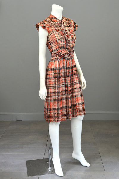 1930s Red Black Plaid Vintage Day Dress