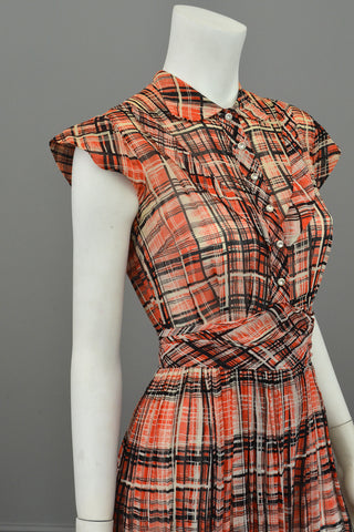 1930s Red Black Plaid Vintage Day Dress