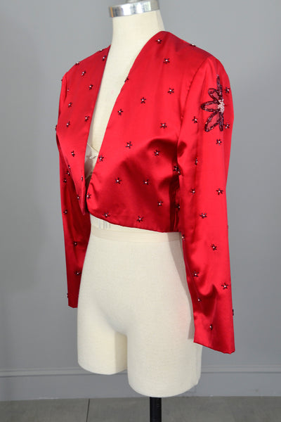 1980s 90s Red Satin Beaded Pearls Cropped Bolero Shrug