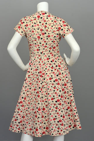 1950s Pink Red Rose Print Fit and Flare Vintage Party Dress