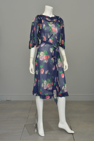 1930s Navy Blue Sheer Crepe Floral Novelty Print Keyhole Dress