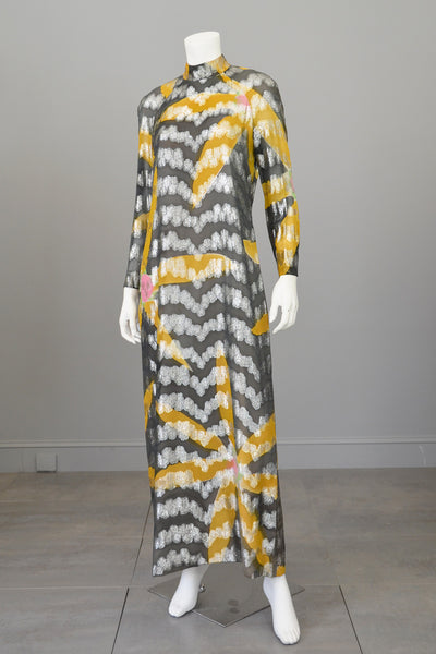 Vintage 70s Silver Lame Goldenrod and Charcoal Retro MOD Maxi Dress