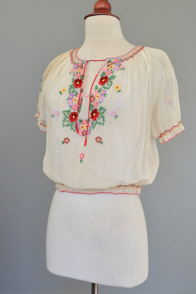 Off White Chiffon Embroidered Spring Flowers Peasant Top