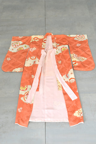 Vintage Kimono Coral and Pink Retro Floral and Cloud Print