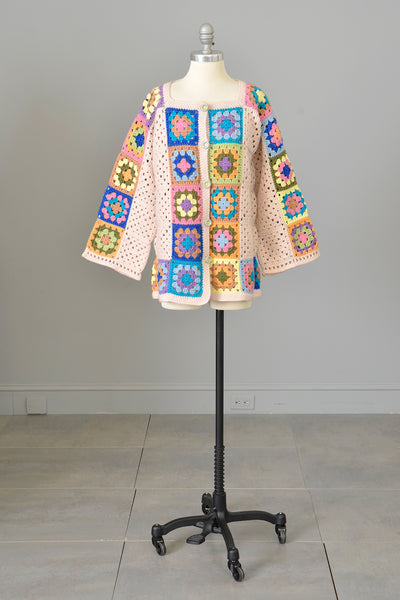 Vintage Hand Knit Crochet Patchwork Granny Squares Cardigan Sweater