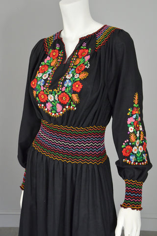Vtg Embroidered Flowers on Black Hungarian style Peasant Dress