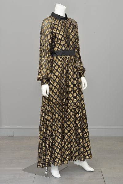 1970s Black Chiffon Gold Lamé Full Skirt Maxi Dress Gown