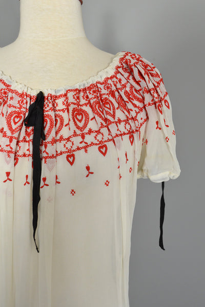 Red Hearts on Pearly White Nylon Chiffon Peasant Top