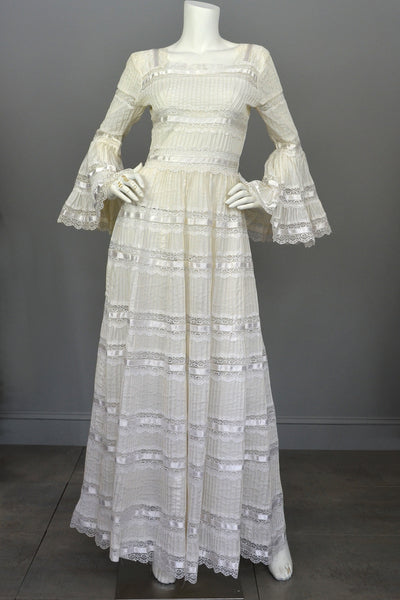 1970s Vintage Mexican Wedding Dress with Bell Sleeves and Lace