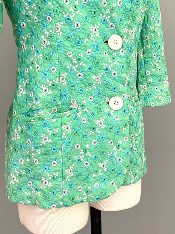 1960s Minty Green with Blue + White Embroidered Eyelet Blazer Jacket