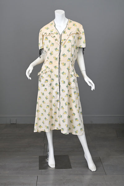 1930s Zip Front Rose Print House Dress