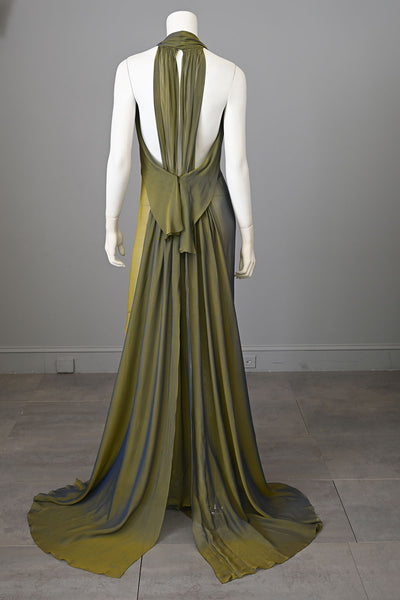 COMING SOON 1930s Iridescent Chiffon Halter 'Open' Back Knockout Gown with Draping / Small Train