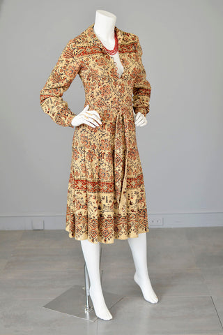 1940s 50s Paisley Floral and Figural Novelty Print Barkcloth Shirtwaist Dress with Issues