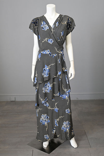 1940s Blue Honeycomb Rose Print Tiered Rayon Gown Dress with Sequins