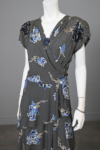 1940s Blue Honeycomb Rose Print Tiered Rayon Gown Dress with Sequins
