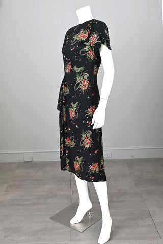 1940s Navy Blue Floral Print Dress with Draping at Shoulder and Waist | TLC As Is