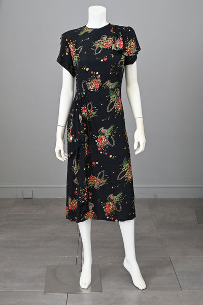1940s Navy Blue Floral Print Dress with Draping at Shoulder and Waist | TLC As Is