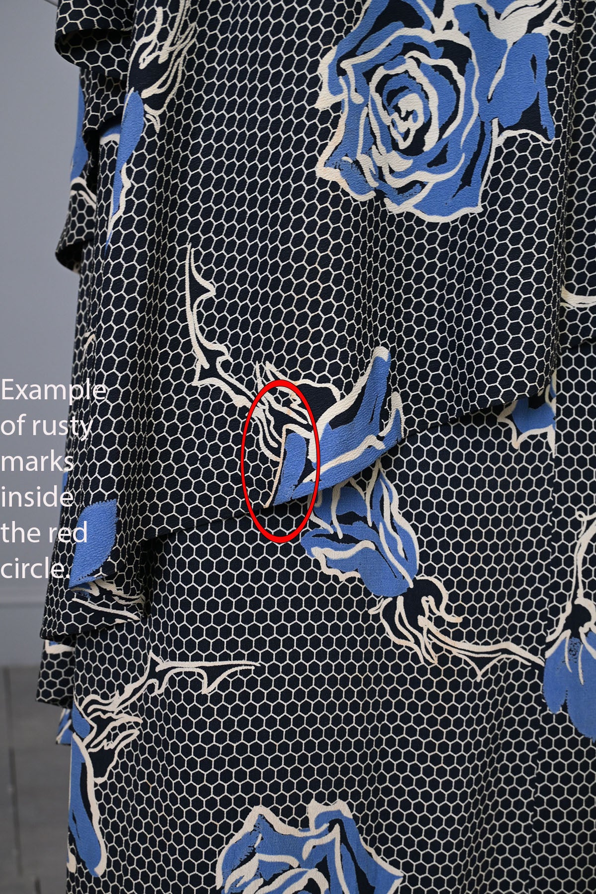 1940s Blue Honeycomb Rose Print Tiered Rayon Gown Dress with Sequins
