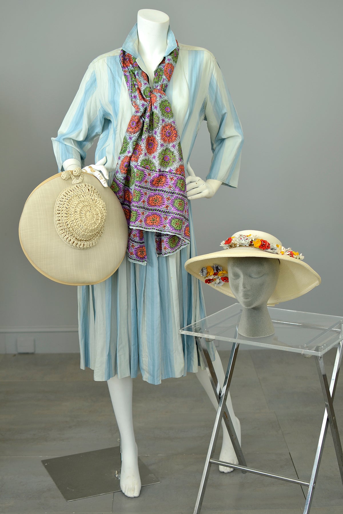 1950s 60s Sky Blue Striped Silk Shirtwaist Dress | Condition issues