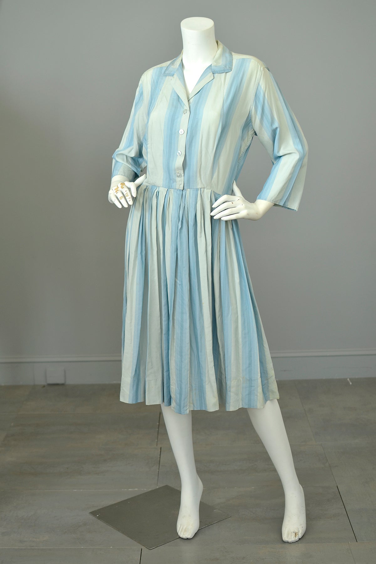 1950s 60s Sky Blue Striped Silk Shirtwaist Dress | Condition issues