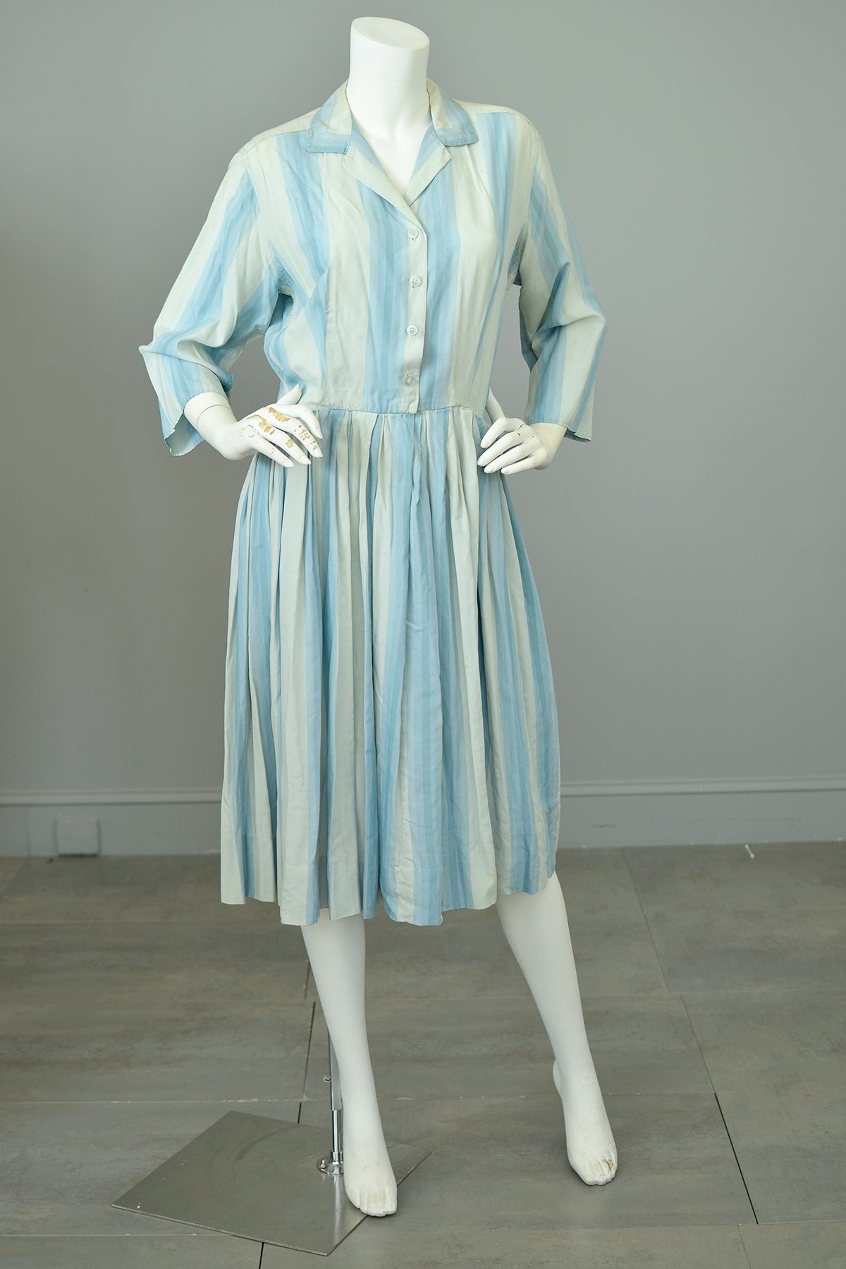 blue shirtwaist dress Navy Linen Dress with Pleated Swing Skirt and Notched Collar