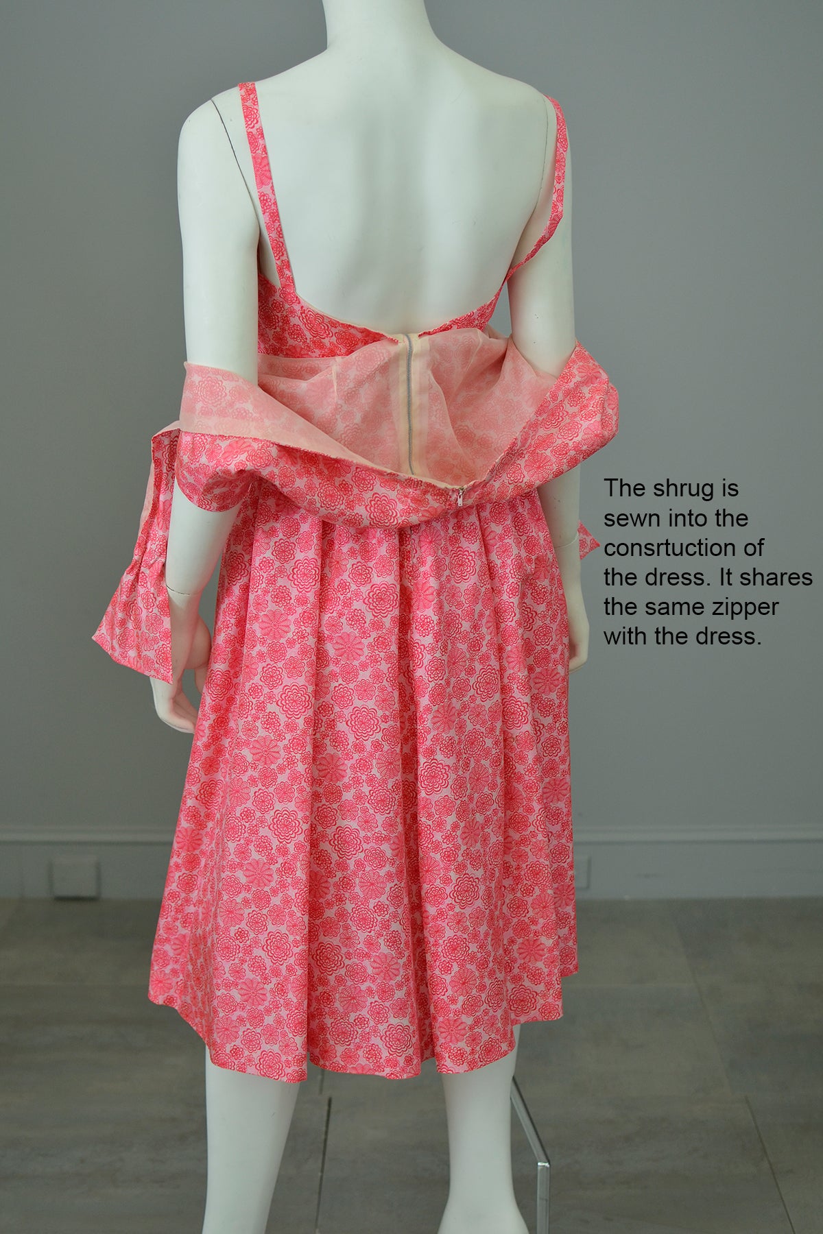 1950s Barbie Hot Pink Pinwheels Print Fit and Flare Party Dress with Attached Tie Front Shrug