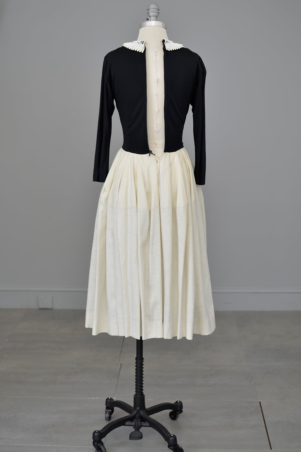 Early 1950s Black and Cream Egyptian Beaded Neckline Cocktail Party Dress | Jersey Bodice, Full Skirt | Bonwit Teller | XXS