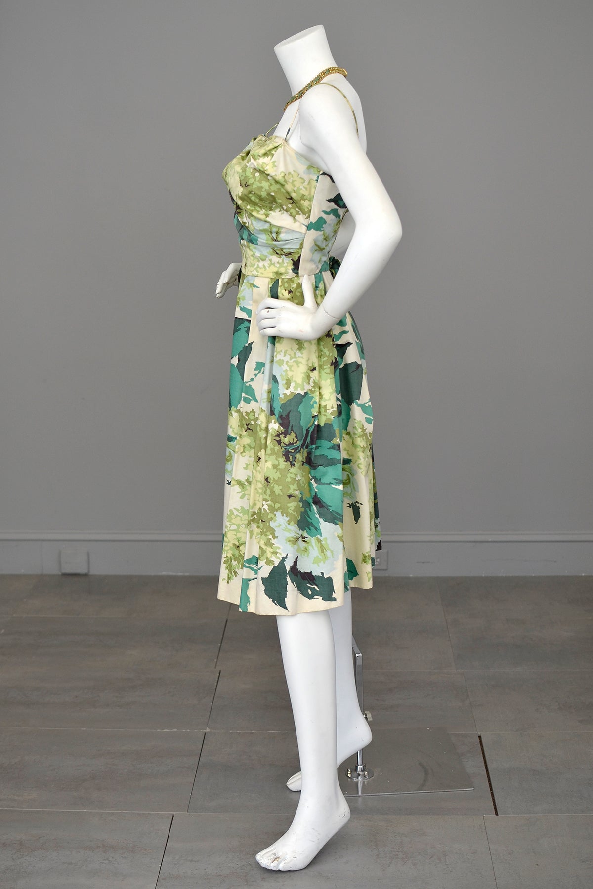 1950s 60s Water Color Hydrangea Floral Print Party Dress with Draped Bodice