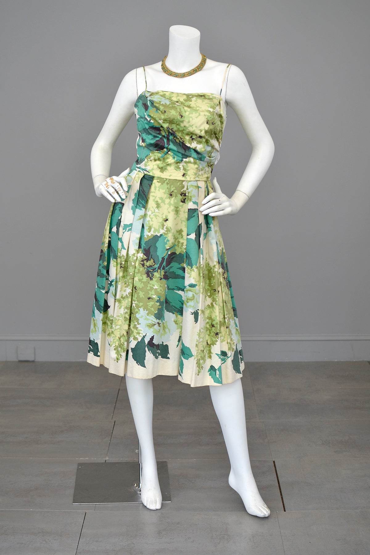 1950s 60s Water Color Hydrangea Floral Print Party Dress with Draped B ...
