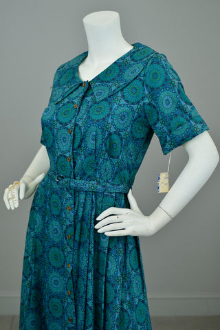 1950s Peacock Feather Medallion Print Shirtwaist Dress with Sailor Collar | Original Tags