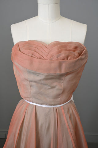 1950s Coral Turquoise Iridescent Strapless Full Skirt Gown Party Dress