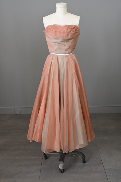 1950s Coral Turquoise Iridescent Strapless Full Skirt Gown Party Dress