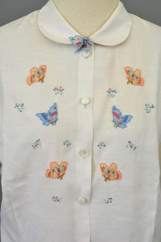 1950s Off-White Linen Blouse with Butterfly Appliqués and Floral Embroidery