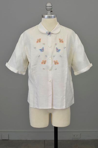 1950s Off-White Linen Blouse with Butterfly Appliqués and Floral Embroidery