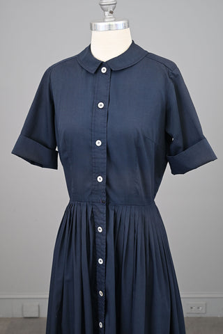 1950s Navy Blue Cotton Blend Shirtwaist Dress