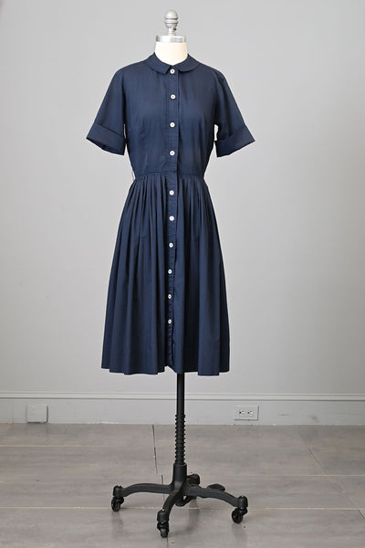 1950s Navy Blue Cotton Blend Shirtwaist Dress
