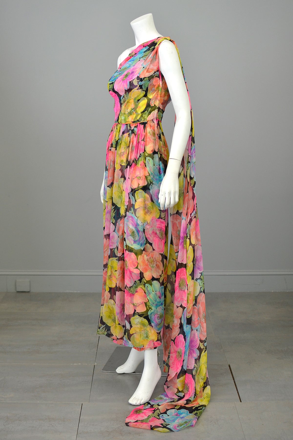 1960s Floral Print Chiffon Draping Goddess Gown Dress