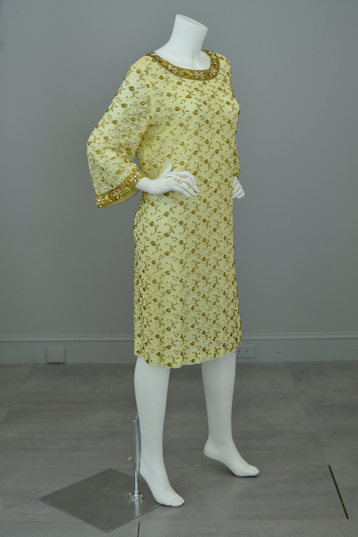 1960s Gold Beaded Lace Bell Sleeves Party Dress | VintageVirtuosa 1960s Gold Beaded Lace Bell Sleeves Party Dress | VintageVirtuosa