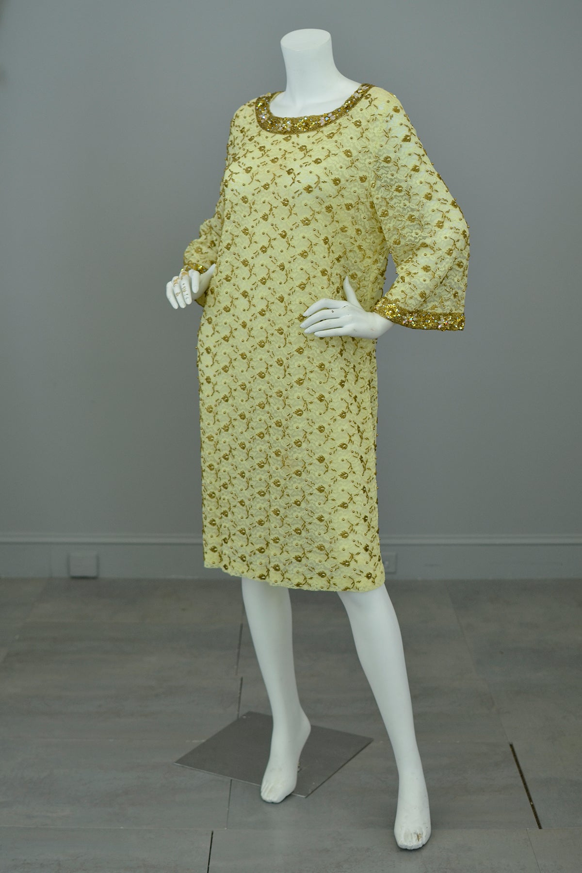 1960s Gold Beaded Lace Bell Sleeves Party Dress | VintageVirtuosa 1960s Gold Beaded Lace Bell Sleeves Party Dress | VintageVirtuosa