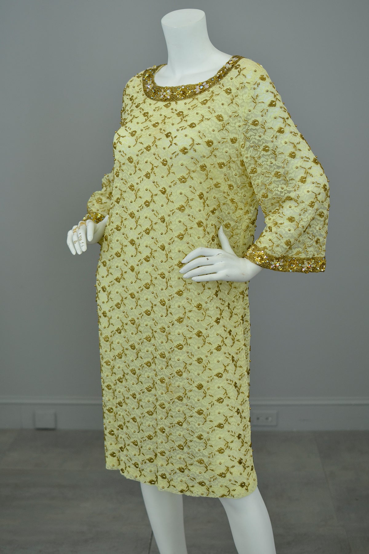 1960s Gold Beaded Lace Bell Sleeves Party Dress