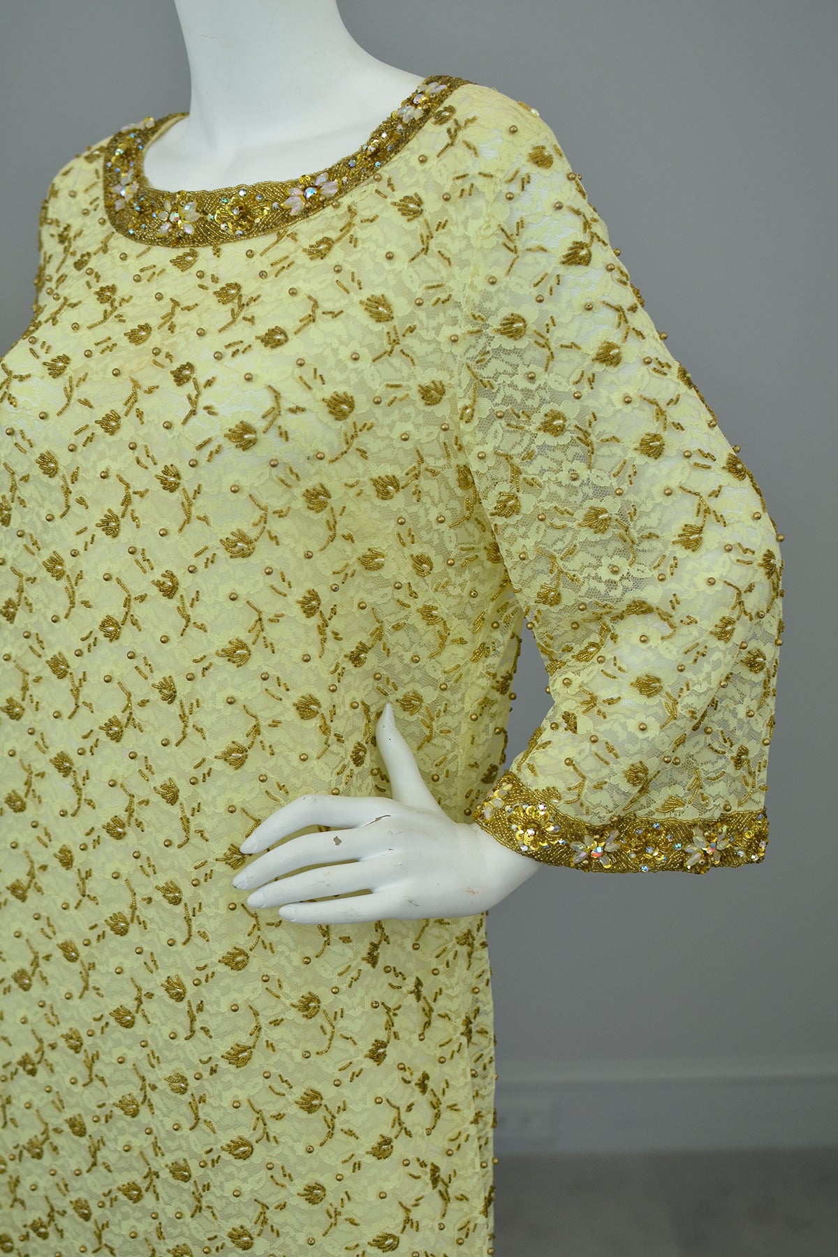 1960s Gold Beaded Lace Bell Sleeves Party Dress | VintageVirtuosa 1960s Gold Beaded Lace Bell Sleeves Party Dress | VintageVirtuosa