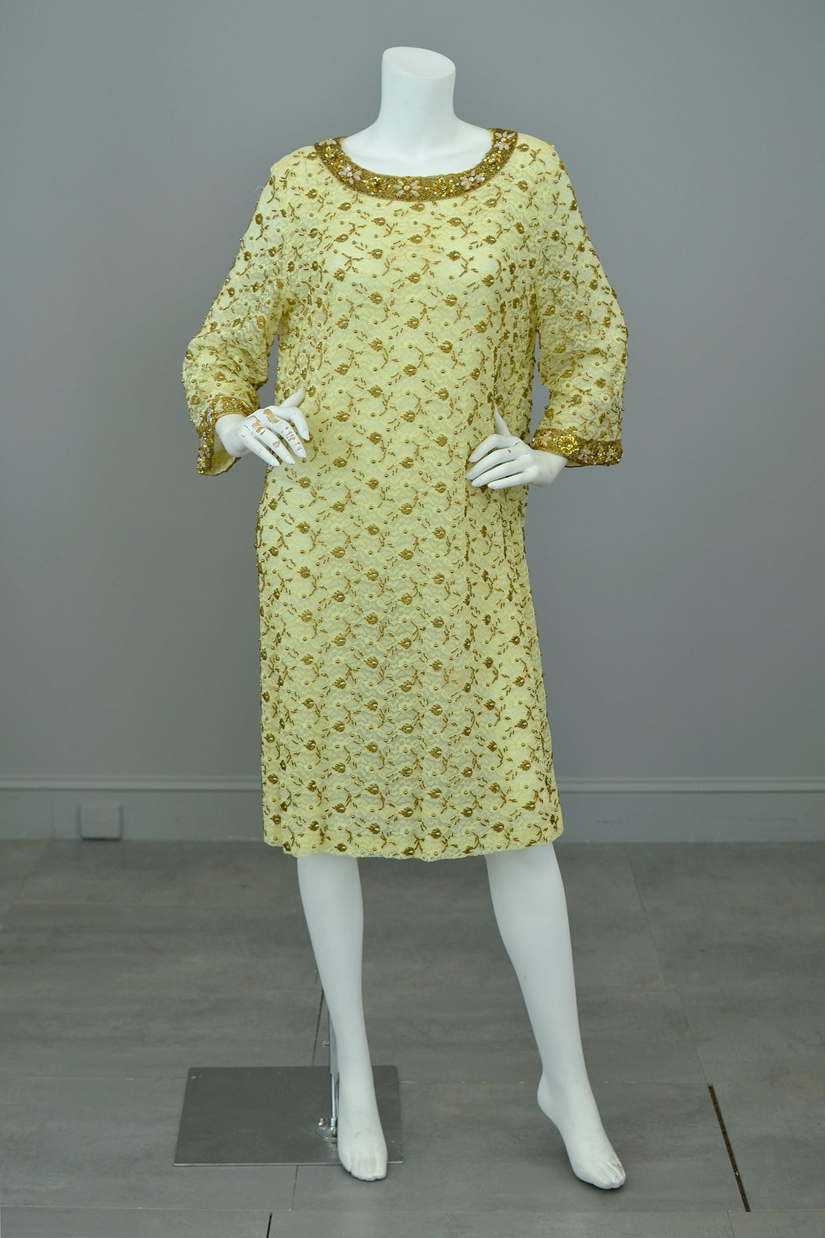 1960s Gold Beaded Lace Bell Sleeves Party Dress