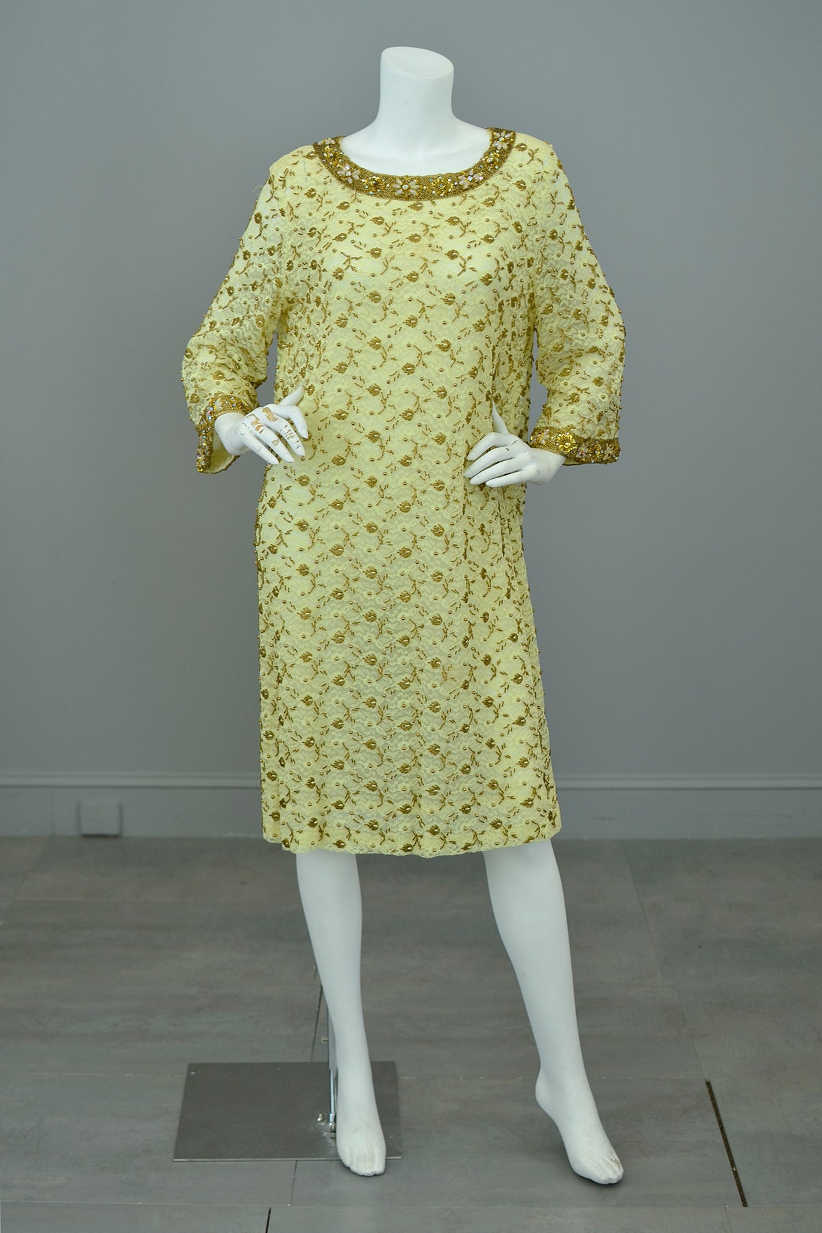 1960s Gold Beaded Lace Bell Sleeves Party Dress | VintageVirtuosa 1960s Gold Beaded Lace Bell Sleeves Party Dress | VintageVirtuosa