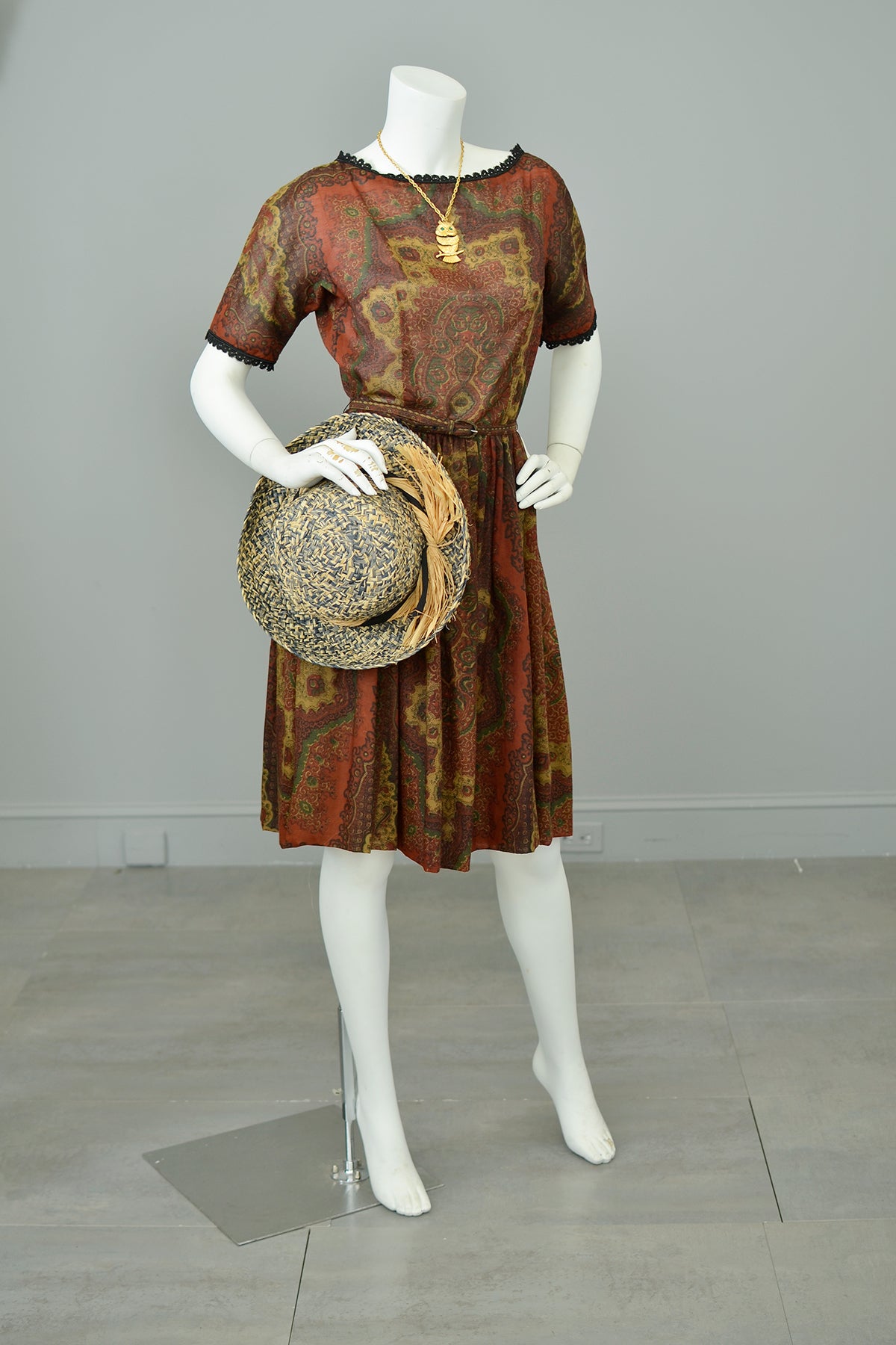 1960s Deep Rust Gold Paisley Print Sheer Dress | VintageVirtuosa 1960s Deep Rust Gold Paisley Print Sheer Dress | VintageVirtuosa