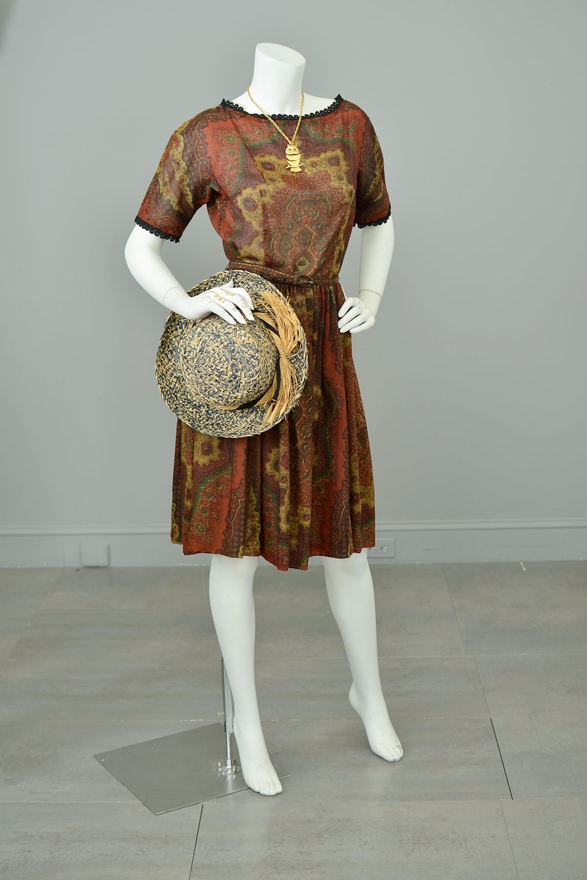 1960s Deep Rust Gold Paisley Print Sheer Dress