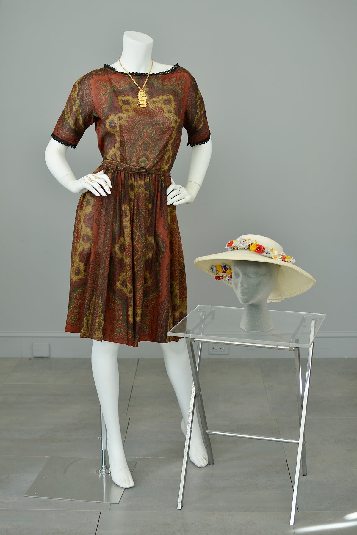 1960s Deep Rust Gold Paisley Print Sheer Dress