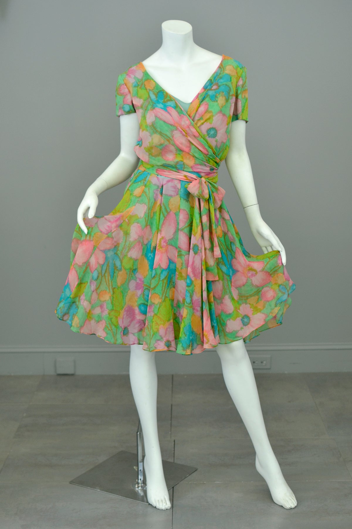 1960s Watercolor Floral Print Draping Wrap Front Dress | Garden Party Dress | TLC Hot Mess