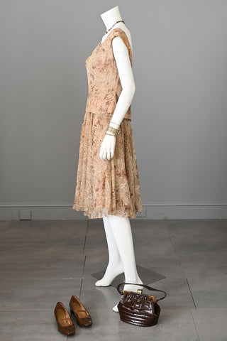 1960s Chiffon Party Dress With Taupe, Brown, Gold Swirly Feather Print