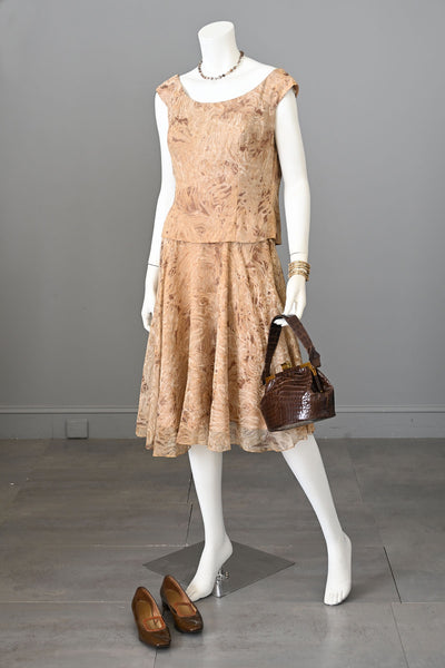 1960s Chiffon Party Dress With Taupe, Brown, Gold Swirly Feather Print